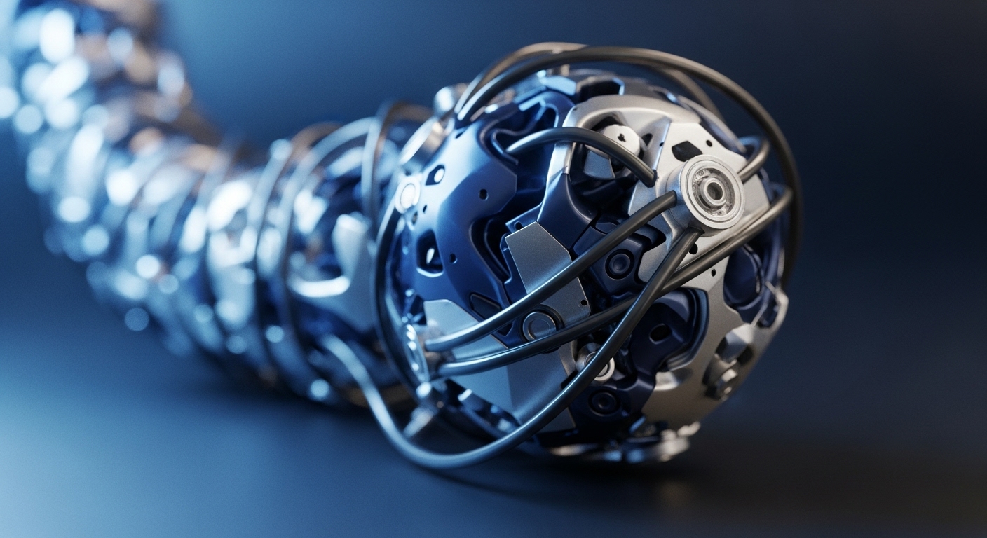 A detailed view of a metallic, spherical mechanical component, predominantly silver and dark blue, is presented in sharp focus. Black wires and intricate gears are visible on its surface, connecting it to a series of similar, out-of-focus segments extending into the background