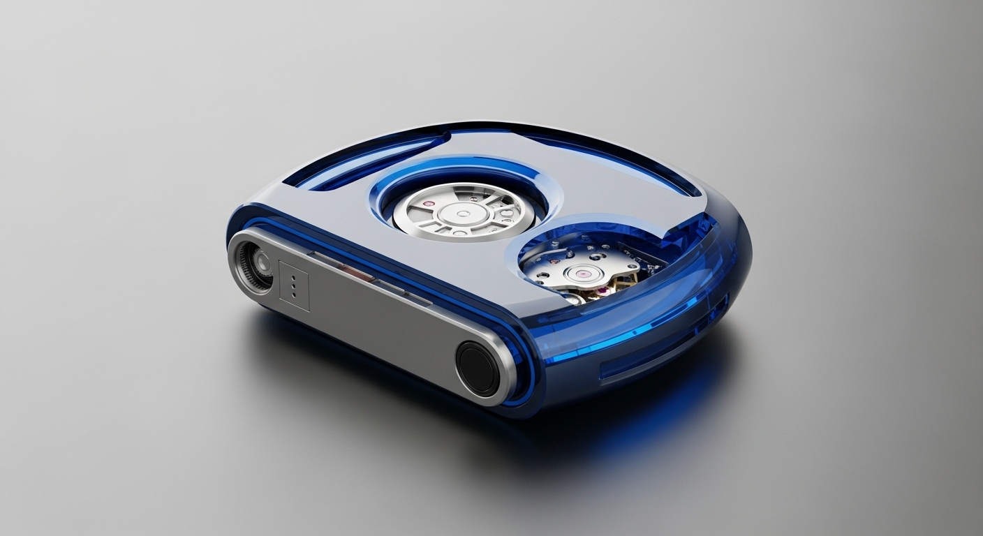 A futuristic device with a transparent blue shell and metallic silver accents is displayed on a smooth, gray surface. Its design features two circular cutouts on the top, revealing complex mechanical components, alongside various ports and indicators on its sides