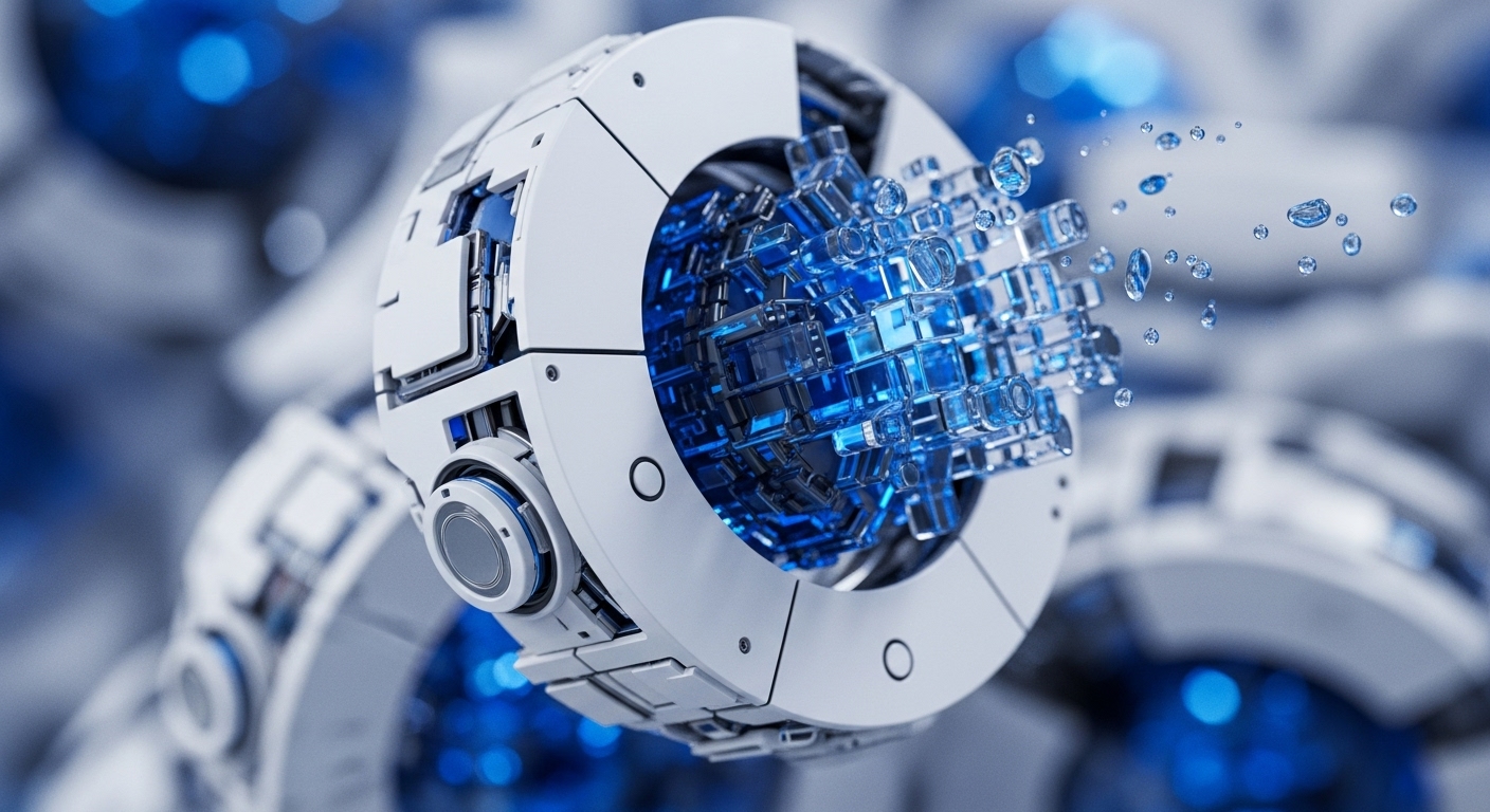 A central white, spherical mechanical structure dominates, its internal core bursting with translucent blue cubes and scattering water droplets. This visual metaphor depicts a decentralized autonomous organization DAO executing a smart contract, where tokenized data undergoes data fragmentation or a liquidity event. Intricate mechanical details suggest a robust protocol architecture and node network processing on-chain data, with blurred similar structures in the background emphasizing distributed ledger technology.