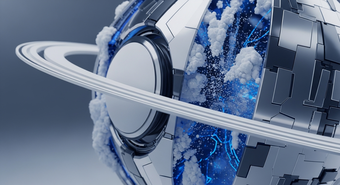 A futuristic, metallic spherical object dominates the frame, featuring multiple white orbital rings. Its segmented surface reveals internal blue light emissions and white, cloud-like formations, set against a muted grey background