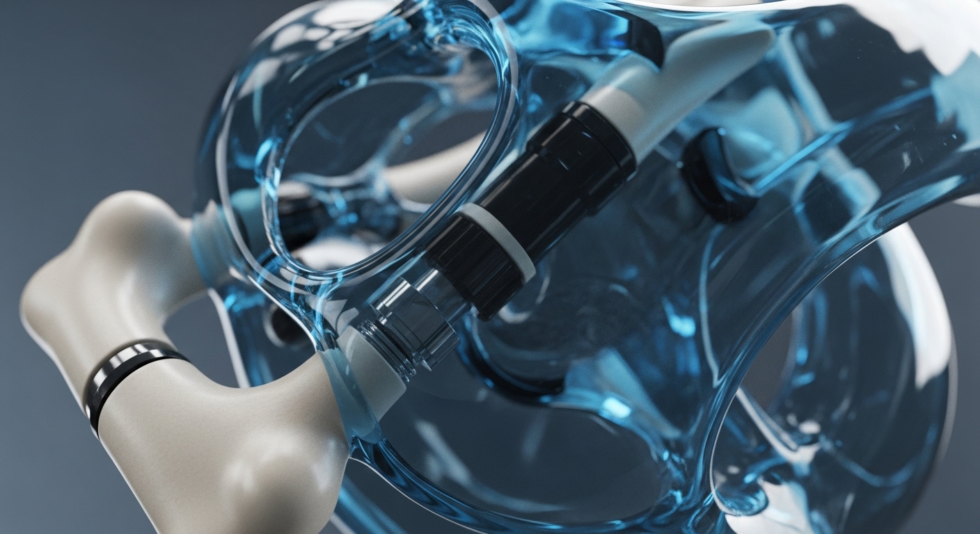 A complex, translucent blue fluid matrix envelops a beige bone structure, featuring integrated black and white mechanical components. This visual metaphorically represents a decentralized autonomous organization DAO managing bio-NFTs or soulbound tokens for digital identity. The fluid signifies blockchain architecture facilitating data immutability and interoperability protocols between oracle networks and physical assets. Mechanical elements symbolize smart contracts executing on-chain governance logic within a Web3 infrastructure, ensuring secure cross-chain communication and distributed ledger technology DLT integrity.