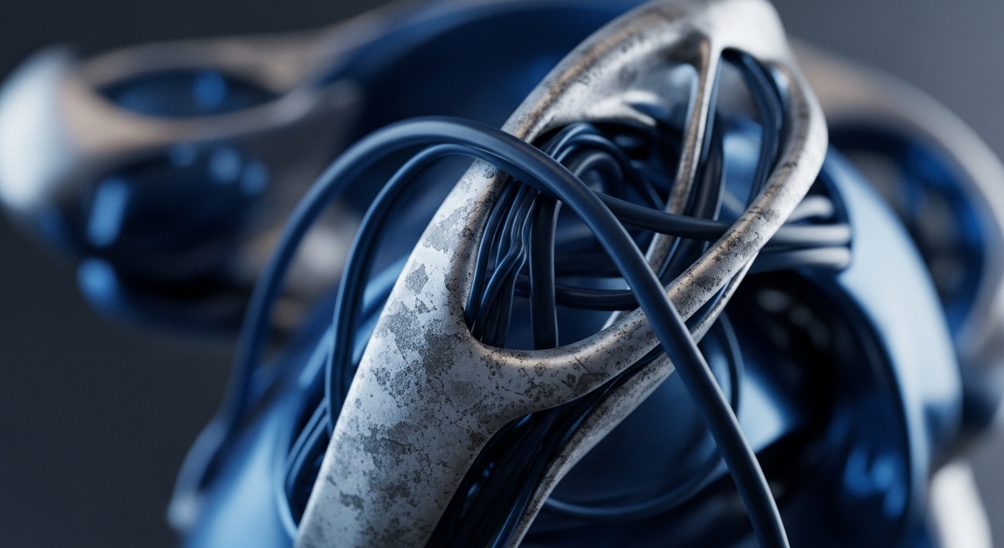 A close-up view reveals a complex, textured metallic structure intricately intertwined with numerous smooth, dark blue cables. The metallic framework exhibits a weathered, almost corroded appearance, contrasting with the sleek, uniform conduits that pass through its openings
