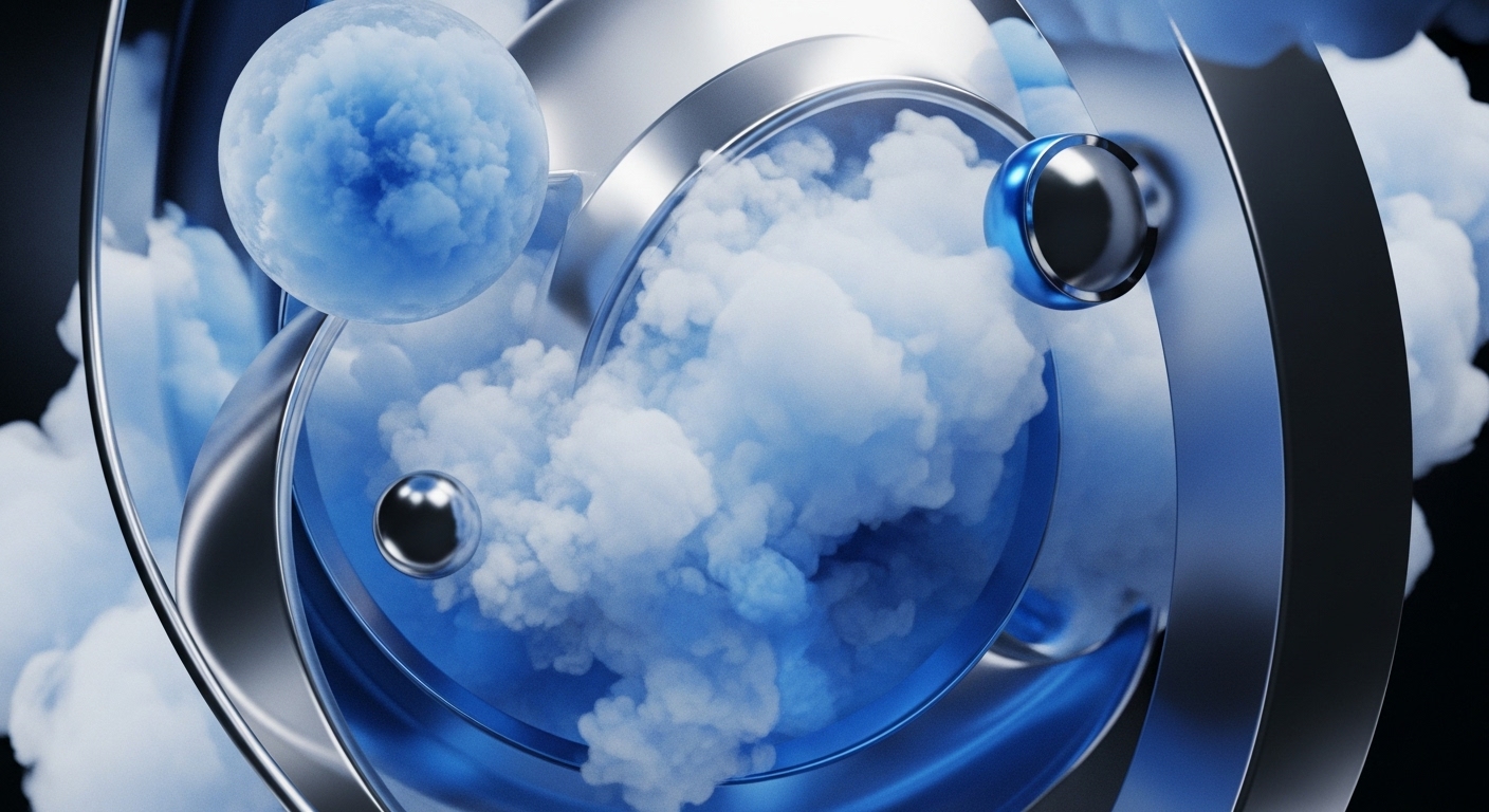 The composition showcases luminous blue and white cloud formations interacting with polished silver rings and transparent spherical enclosures. Several metallic spheres are integrated within this intricate, dynamic structure