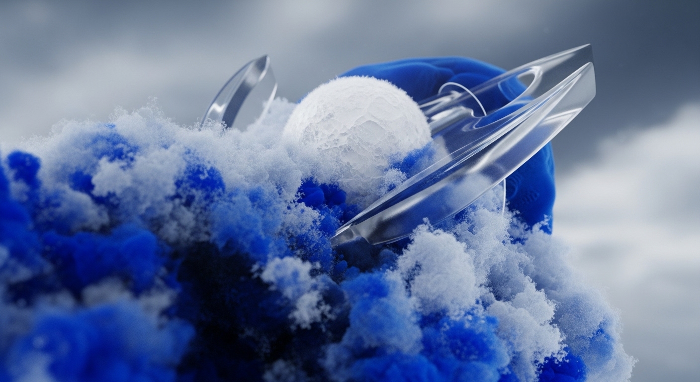 A textured white sphere, resembling a frosted orb, is centrally positioned, surrounded by vibrant blue and white cloud-like formations. Clear, angular, crystalline structures are embedded within and around these formations, all set against a soft, cloudy grey sky