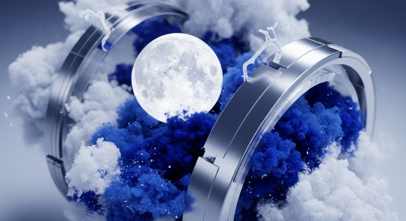 A radiant full moon, appearing as a central digital asset, is encircled by fragmented metallic rings. Dynamic masses of deep blue and white cloud-like material flow around and within these structures
