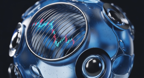 A futuristic, translucent blue spherical object, resembling a secure network node, displays dynamic on-chain data. Its central aperture reveals a vibrant candlestick chart, depicting real-time price action and market volatility with bullish blue and bearish red patterns. Metallic grilles partially obscure the display, suggesting cryptographic security and structured data flow within a decentralized finance DeFi protocol. This digital asset representation encapsulates complex blockchain analytics and trading algorithms.