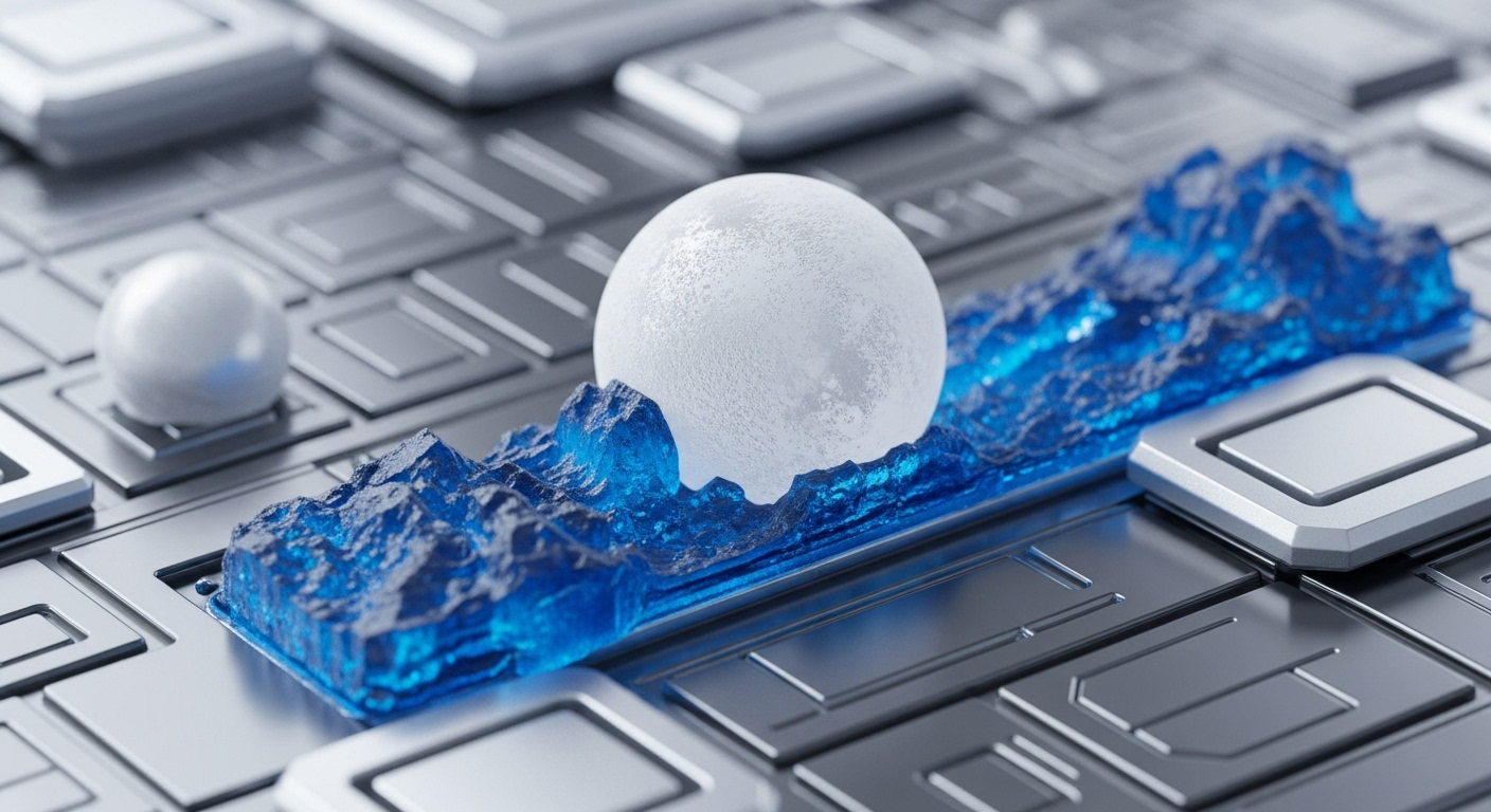 The image displays a frosted white sphere positioned on a translucent blue, wave-like structure, which is embedded within a metallic, grid-patterned surface. In the background, another smaller, smooth white sphere is visible, slightly out of focus