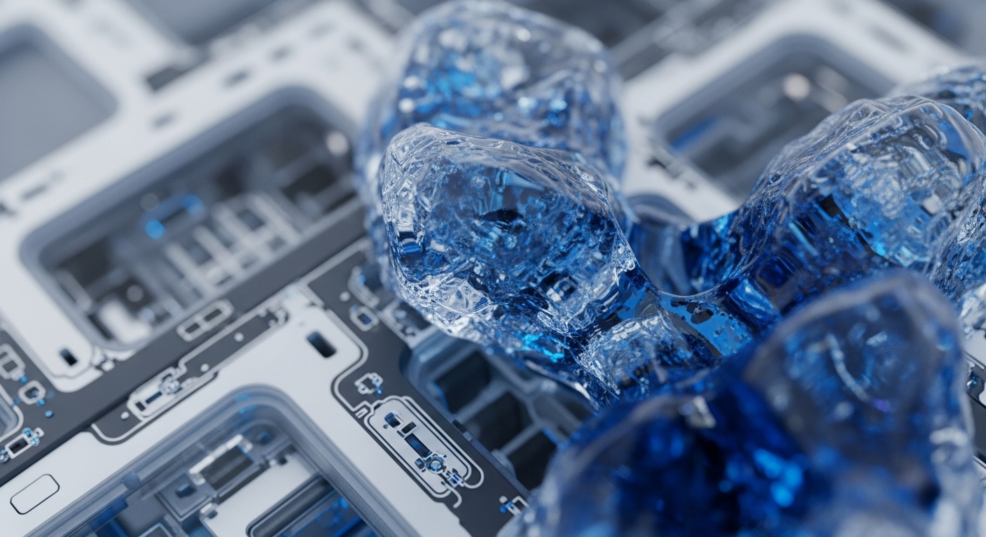 Translucent, deep blue, crystalline structures are prominently featured, flowing over and interacting with a complex, white and grey circuit board. The board displays intricate pathways and recessed components, suggesting advanced electronic infrastructure