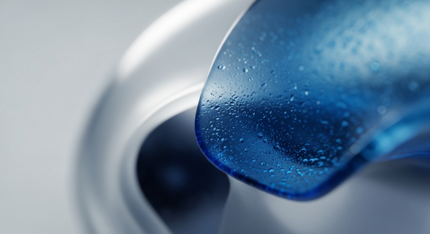 The image presents a close-up view of two abstract, smooth forms. A translucent, deep blue element, covered in small water droplets, gently rests against a soft, light grey, subtly contoured background