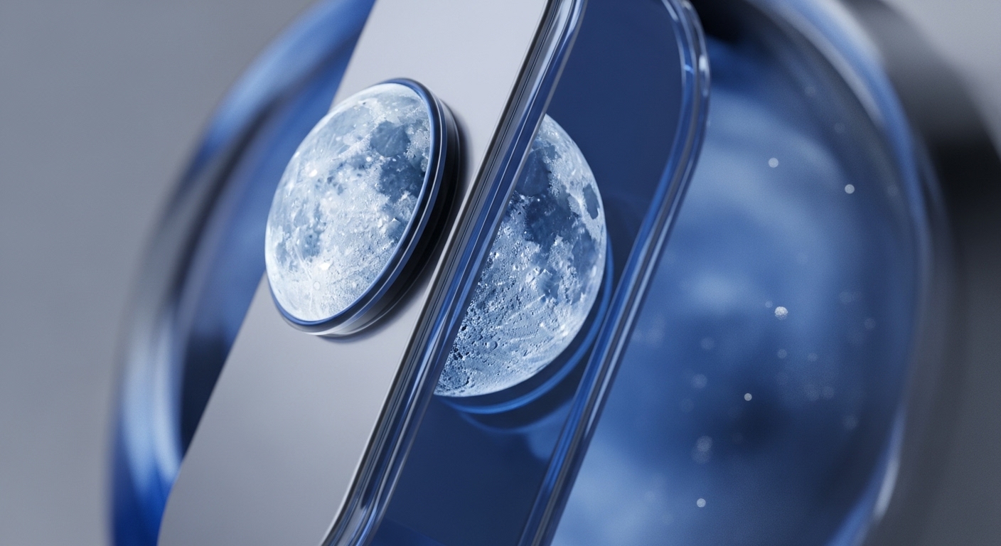 A sleek, metallic structure, possibly a hardware wallet or node component, features two embedded circular modules depicting a cratered lunar surface in cool blue tones. This visual metaphor signifies moonshot potential within the decentralized finance DeFi ecosystem. The reflective surfaces imply on-chain transparency and data integrity, crucial for blockchain operations. The deep blue, star-speckled background evokes the vast Web3 frontier, highlighting the pursuit of scalability solutions and interoperability protocols to achieve exponential growth for digital assets and utility tokens. This design embodies the ambition for groundbreaking protocol innovation.