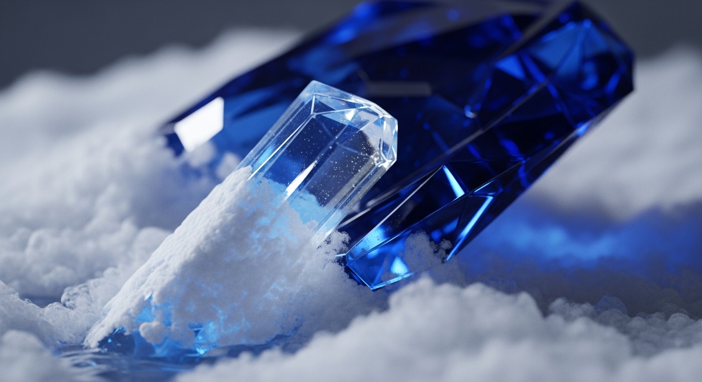Several faceted crystals, one clear and partially covered in white snow, and others deep blue and highly reflective, are embedded in a snowy landscape. The clear crystal in the foreground is elongated, while the blue crystals behind it are larger and more obscured by the white powder
