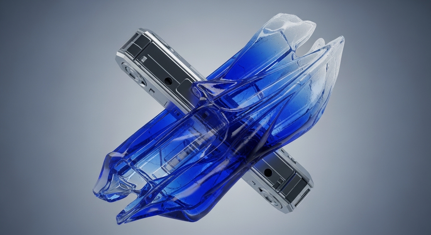 Two metallic, rectangular components, resembling secure hardware wallets, are crossed in an 'X' formation against a gradient grey background. A translucent, deep blue, fluid-like structure intricately overlays and interweaves around their intersection