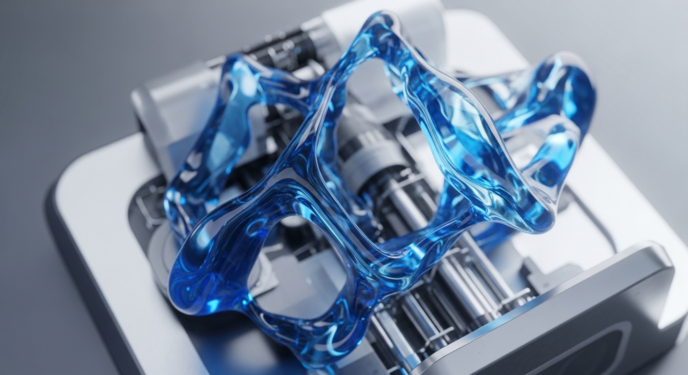 A dynamic, translucent blue fluid form is intricately integrated within a complex, polished metallic apparatus, positioned centrally on a neutral grey surface. The fluid's organic contours contrast with the precise, engineered lines of the underlying mechanical components, suggesting a controlled yet fluid process