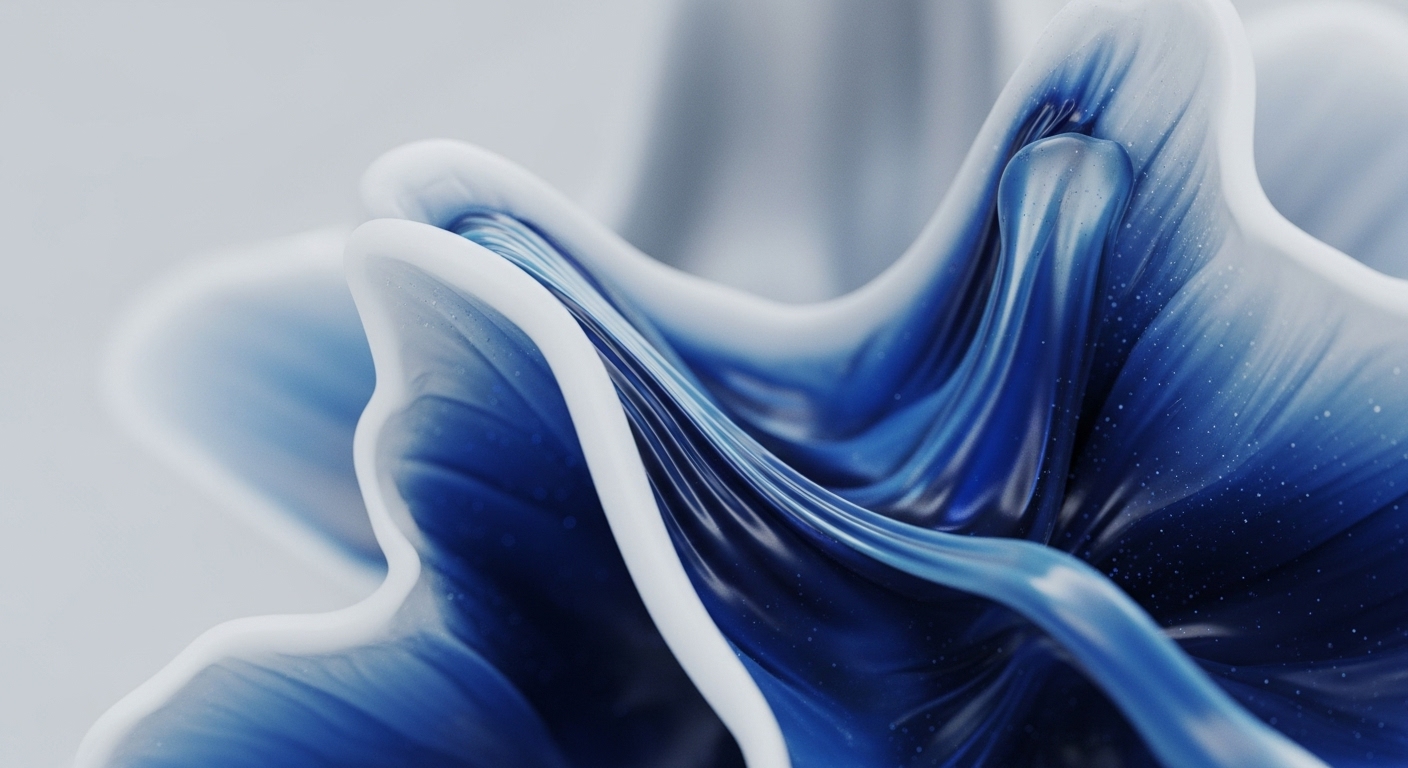 The image displays an abstract composition of flowing, undulating forms in shades of deep blue, light blue, and white. These layered structures create a sense of dynamic movement and depth, with glossy surfaces reflecting light