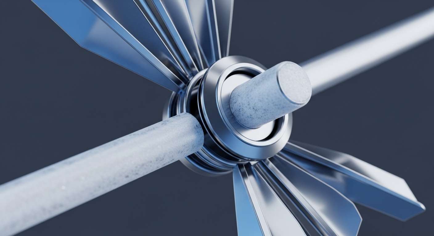 This detailed view showcases a sophisticated metallic mechanism, centered around a polished hub with numerous reflective, angular blades extending outwards. Two textured, cylindrical rods protrude horizontally from the central assembly, appearing to be integral components