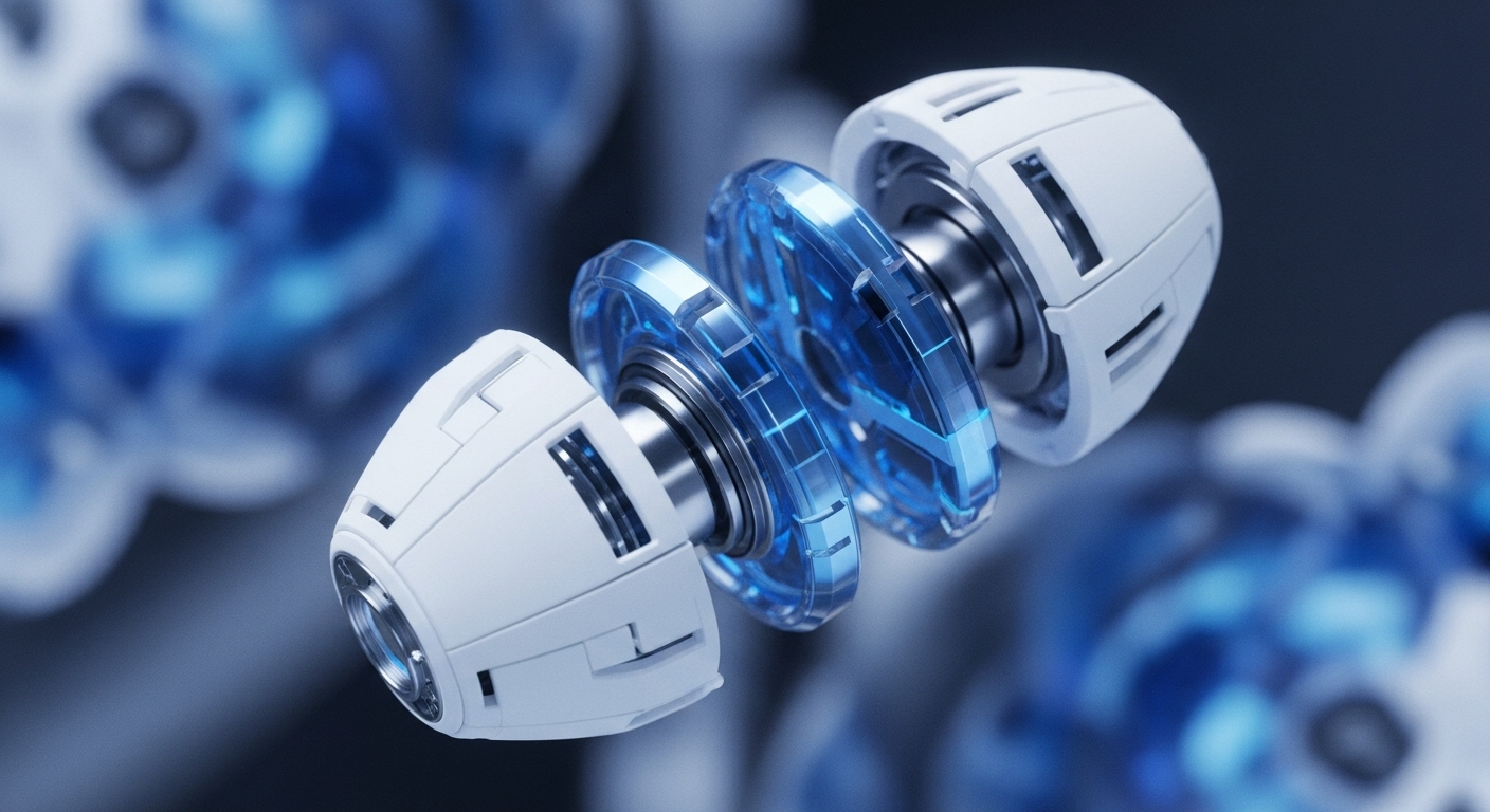 The image displays a disassembled technological component, featuring white, smooth exterior segments separated to reveal glowing blue, translucent internal mechanisms. These intricate parts are centrally aligned on a metallic shaft, with blurred blue elements in the background suggesting a larger, interconnected system