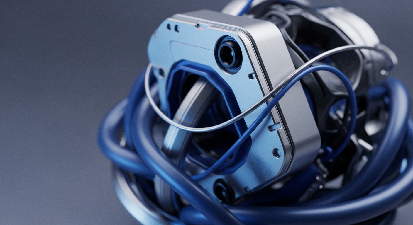 The image showcases a detailed view of advanced mechanical hardware, featuring silver-toned metallic structures intertwined with prominent blue tubes and cables. The intricate assembly presents a futuristic and highly engineered internal component, possibly for data processing or energy management