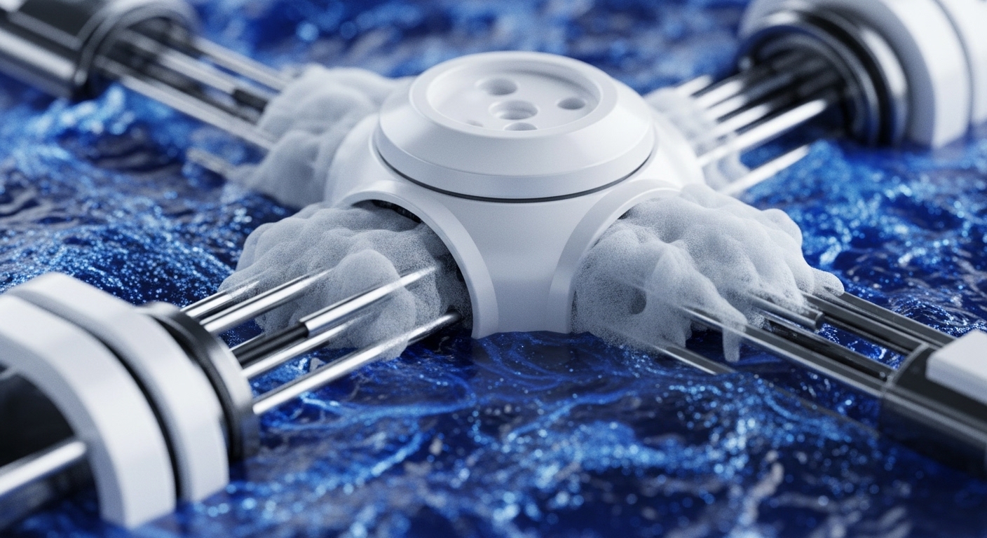 A central white, futuristic hub connects to multiple radiating metallic conduits, partially submerged in a vivid blue, agitated liquid. White, foamy substances emanate from the connection points where the conduits meet the central structure, implying active processes