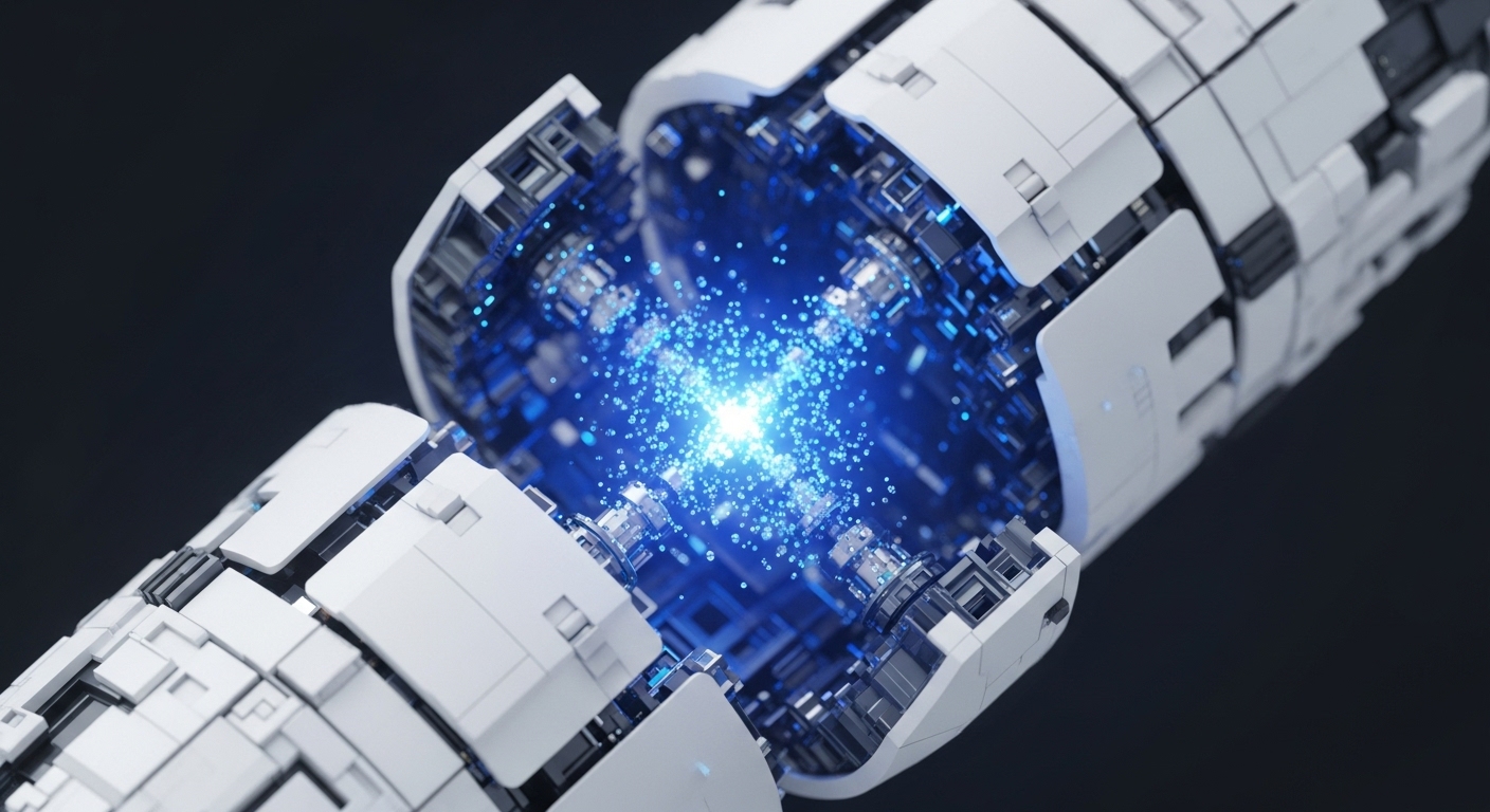 Two segments of a sleek, white and dark grey modular structure are shown slightly separated, revealing a vibrant blue core emanating bright, scattered particles. The intricate internal machinery of this advanced apparatus glows with intense blue light, highlighting its active state
