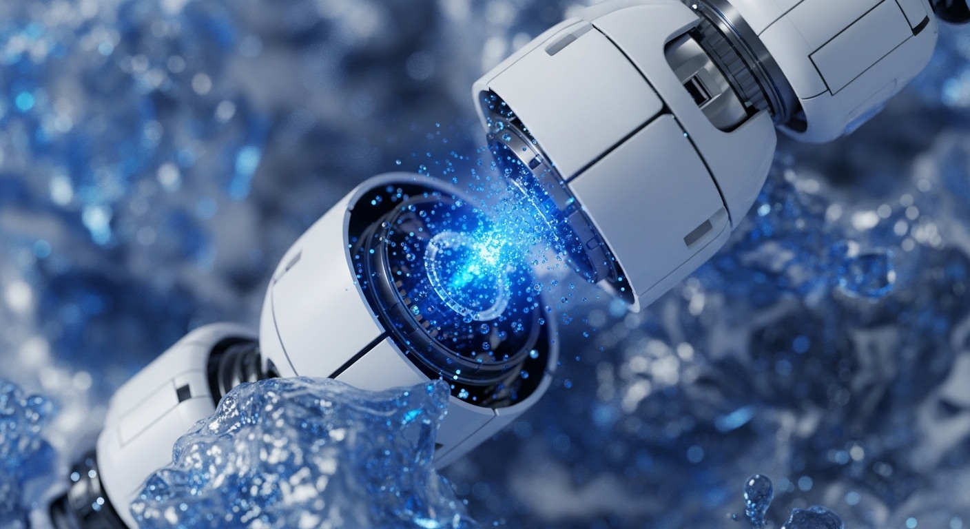 Two white, sleek, robotic-like components are shown in close proximity, with a vibrant blue light and numerous particles emanating from the connection point between them, set against a blurred blue, fluid-like background. Splashes of blue liquid surround the modular units, suggesting an active, dynamic environment of data or energy transfer