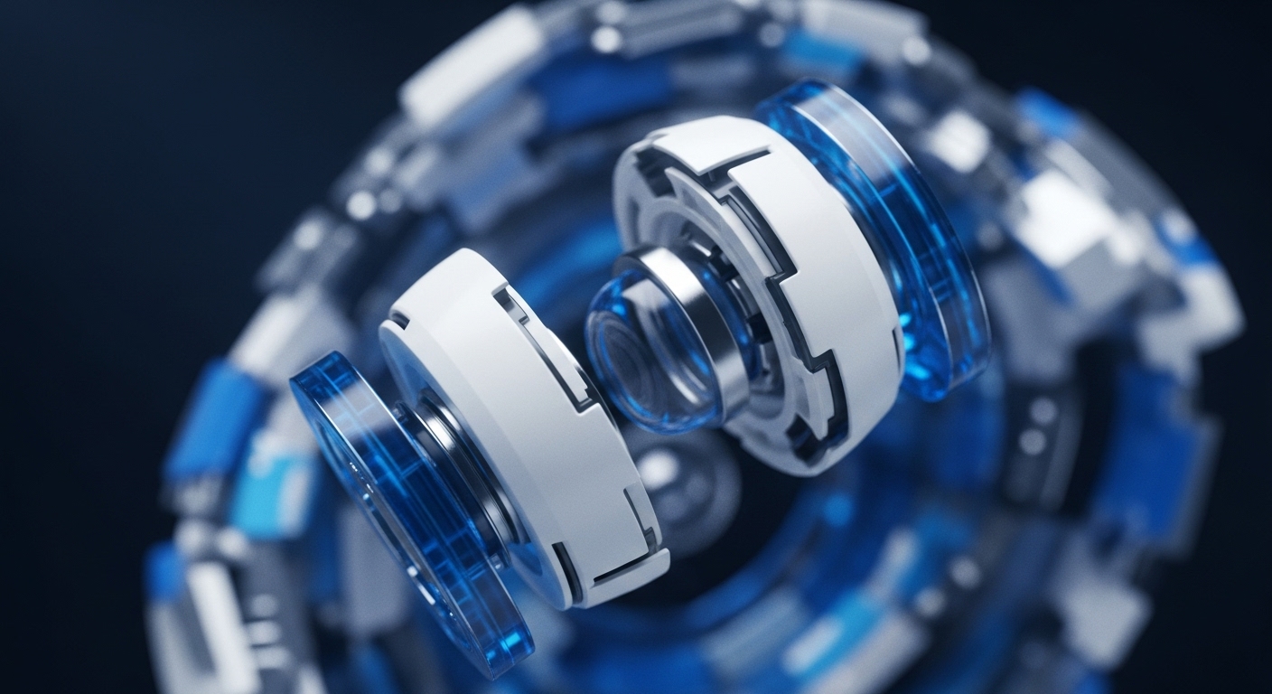 The image displays a sophisticated, abstract mechanical structure, featuring prominent white and translucent blue components. Two central, lens-like elements are shown slightly apart, revealing intricate metallic details, encircled by a blurred, larger assembly of similar modular units