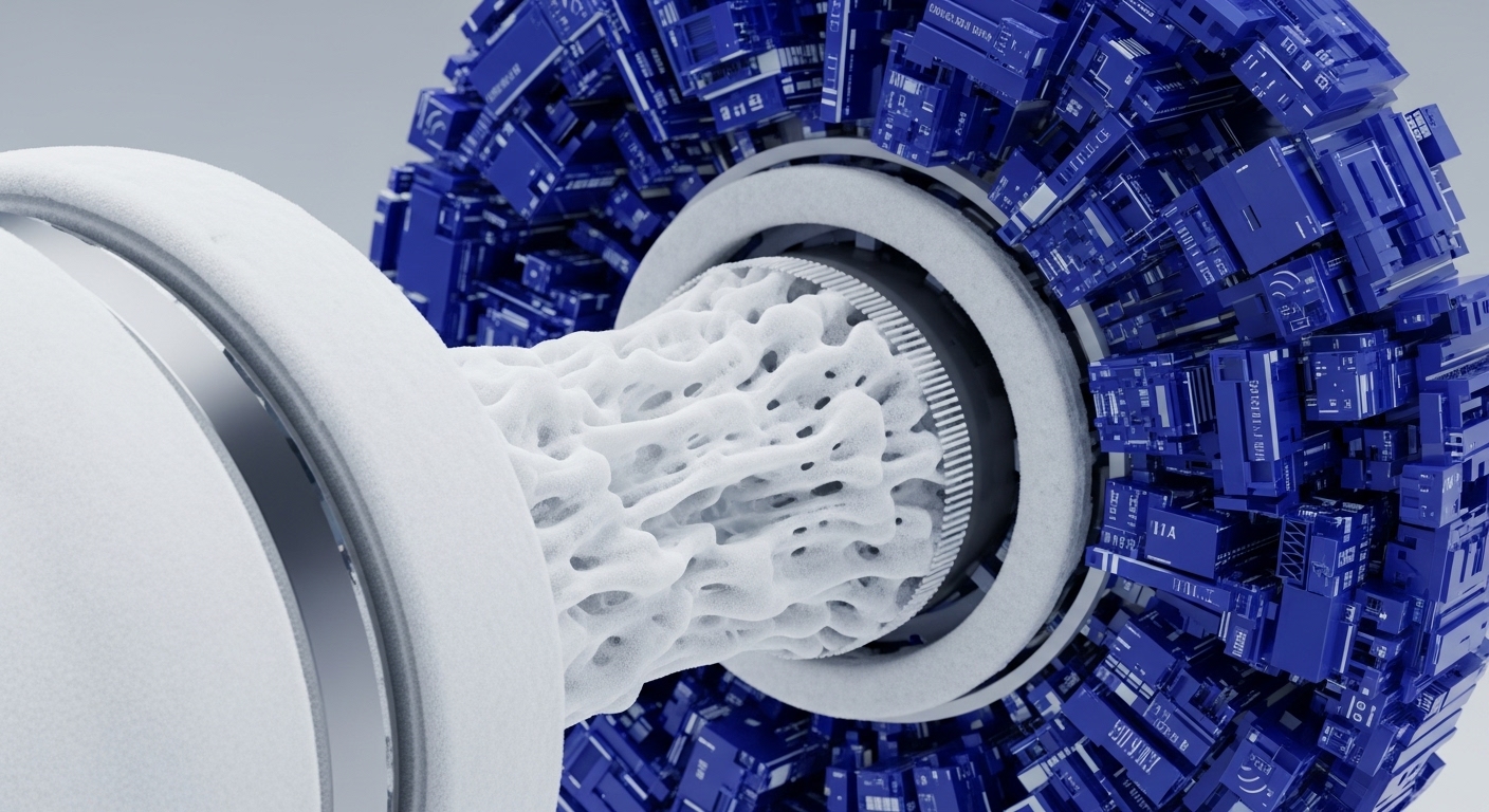The composition displays a white, porous, organic-textured structure emerging from a smooth, cylindrical form, connecting to a complex, segmented blue spherical mechanism. This intricate digital rendering features fine grooves at the connection point, where the white structure integrates into the blue sphere, which is composed of numerous interconnected block-like components