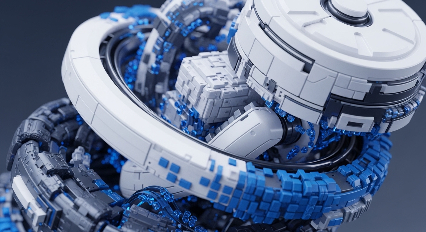 The detailed abstract image showcases an intricate network of white and dark gray mechanical structures, accented by vibrant blue, crystalline data streams. Modular components interlock, forming a complex, dynamic system