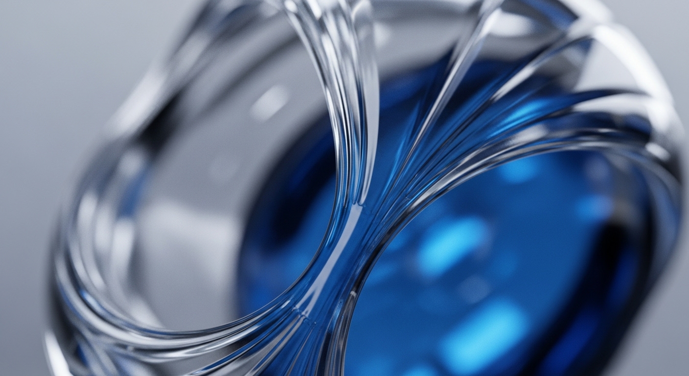 A complex, abstract structure of clear, reflective material features intertwined and layered forms, surrounding a vibrant blue, spherical core. Light reflects and refracts across its surfaces, creating a sense of depth and transparency