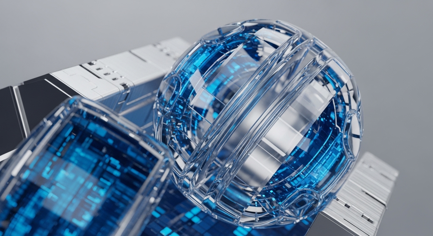 A futuristic visualization of advanced blockchain architecture features transparent, segmented spherical and cuboid structures, internally illuminated with vibrant blue data streams. These digital assets appear integrated with metallic, high-tech infrastructure, symbolizing a robust decentralized ledger technology DLT network. The intricate internal patterns suggest cryptographic primitives at work, securing data immutability and facilitating transaction validation. This abstract representation evokes the complexity of validator nodes, smart contract execution, and the underlying Web3 infrastructure, highlighting the secure and transparent nature of a distributed system.