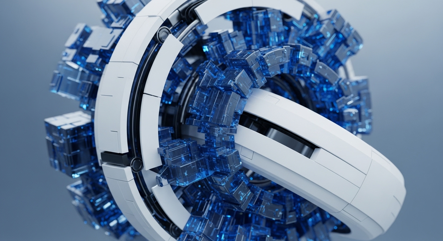 A sophisticated 3D rendering depicts a complex, spherical mechanism featuring interlocking white modular segments that encase a central volume teeming with translucent blue cubes. A smooth white cylindrical element traverses the core, adding to the structural integrity