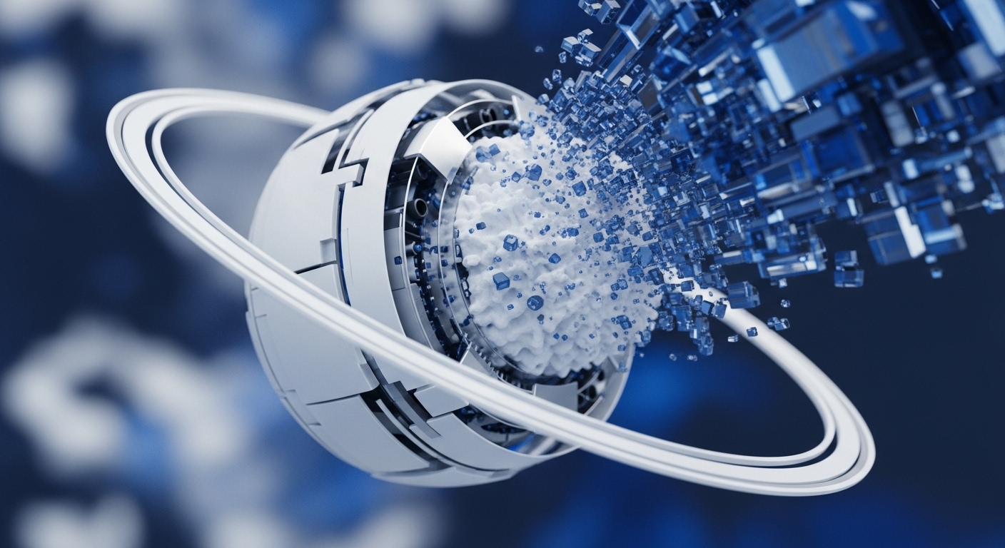 A futuristic, metallic sphere, resembling a sophisticated decentralized protocol with orbiting layer 2 solutions, actively processes on-chain data. From its core, a dynamic expulsion of granular white unprocessed data streams and numerous crystalline blue tokenized units or encrypted data packets occurs. This illustrates intense transaction processing and digital asset issuance within a blockchain node, emphasizing network scalability and rapid distribution characteristic of distributed ledger technology via a robust consensus mechanism.