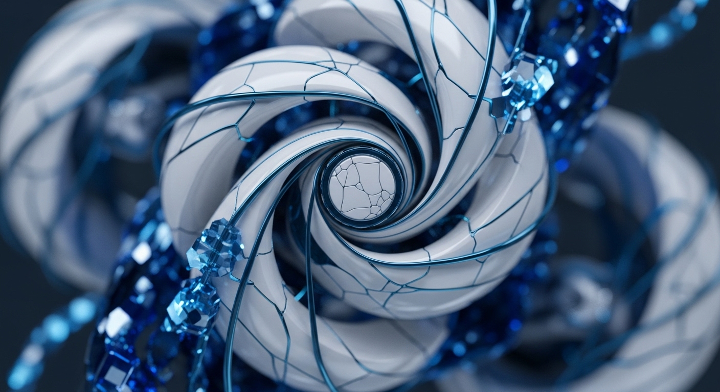 The image features a striking abstract composition centered on a white, spiraling, fractured form with luminous blue lines tracing its cracks. Surrounding this core are numerous faceted blue crystal-like objects, creating a sense of intricate depth and connectivity