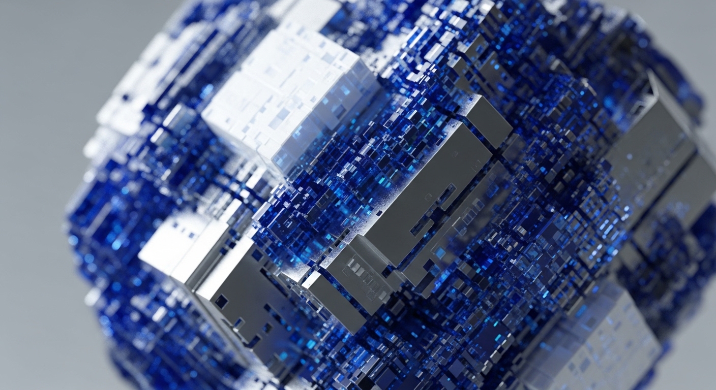 A highly detailed, abstract digital composition features a central, multi-dimensional cube-like structure, intricately formed by numerous glowing blue and reflective silver rectangular blocks. The interplay of light and shadow highlights the complex, interconnected nature of these geometric components, creating a sense of depth and advanced technological design
