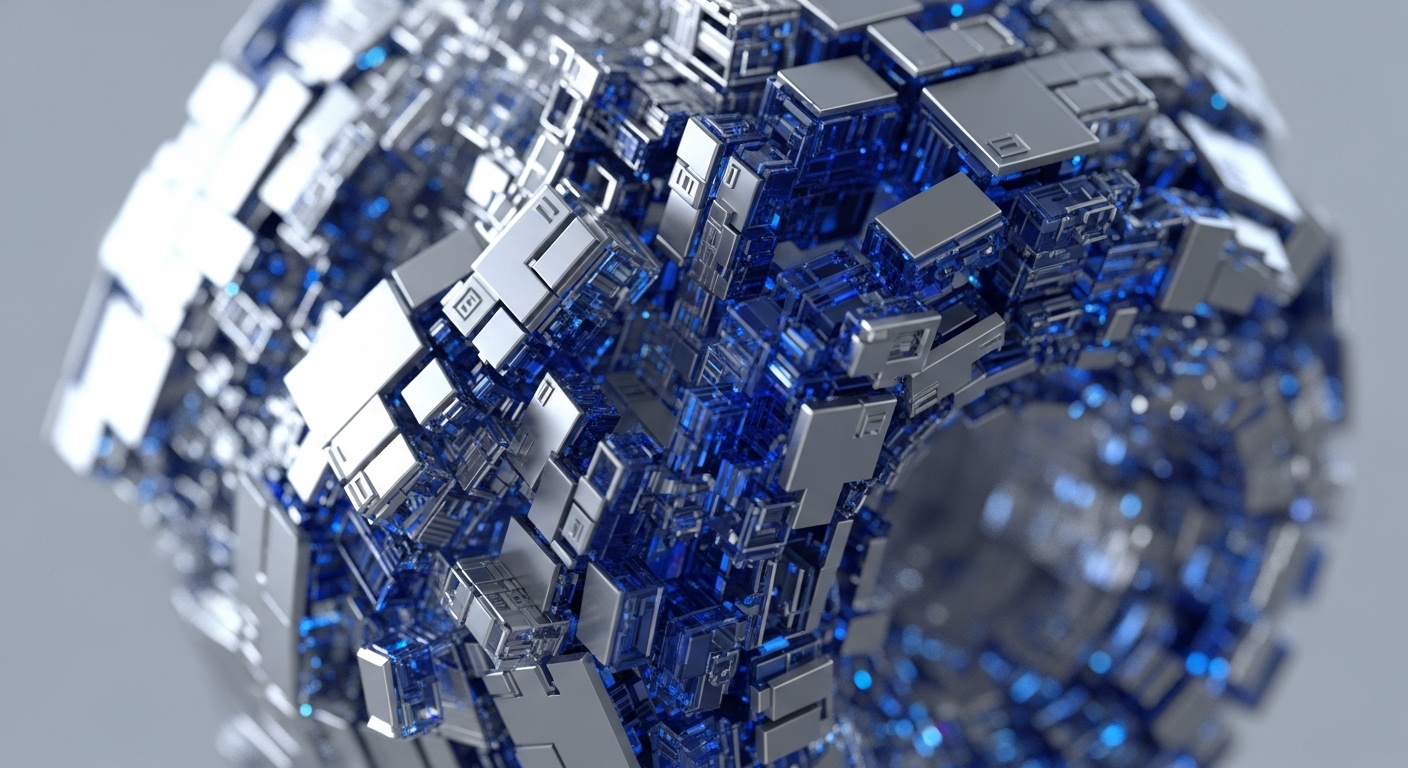 The image displays a close-up of an abstract, geometric structure composed of countless silver-grey and translucent blue cubes, densely packed and interconnected. The structure appears three-dimensional, with some elements glowing with internal blue light, creating depth and intricate machinery