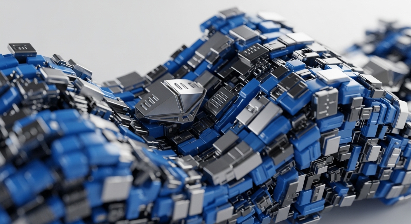 The image displays an intricate, undulating landscape of interconnected geometric modules, predominantly in shades of metallic silver and vibrant blue. These block-like components are densely packed, creating a textured surface with varying elevations and depths