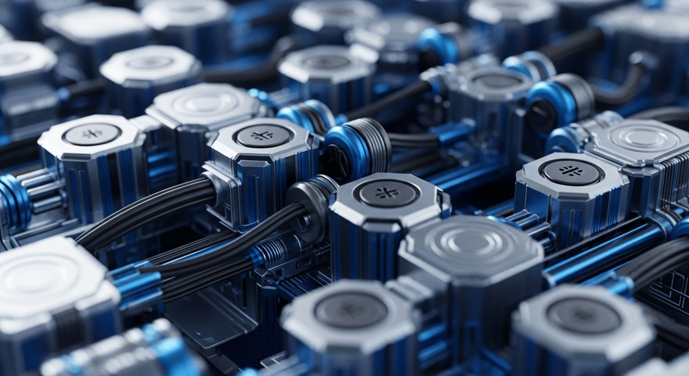 The image showcases a detailed, high-tech arrangement of metallic hexagonal and rectangular units, accented with vibrant electric blue elements and interconnected by numerous black cables. These components are arranged in a dense, structured pattern, suggesting a sophisticated computational or networking system designed for high throughput