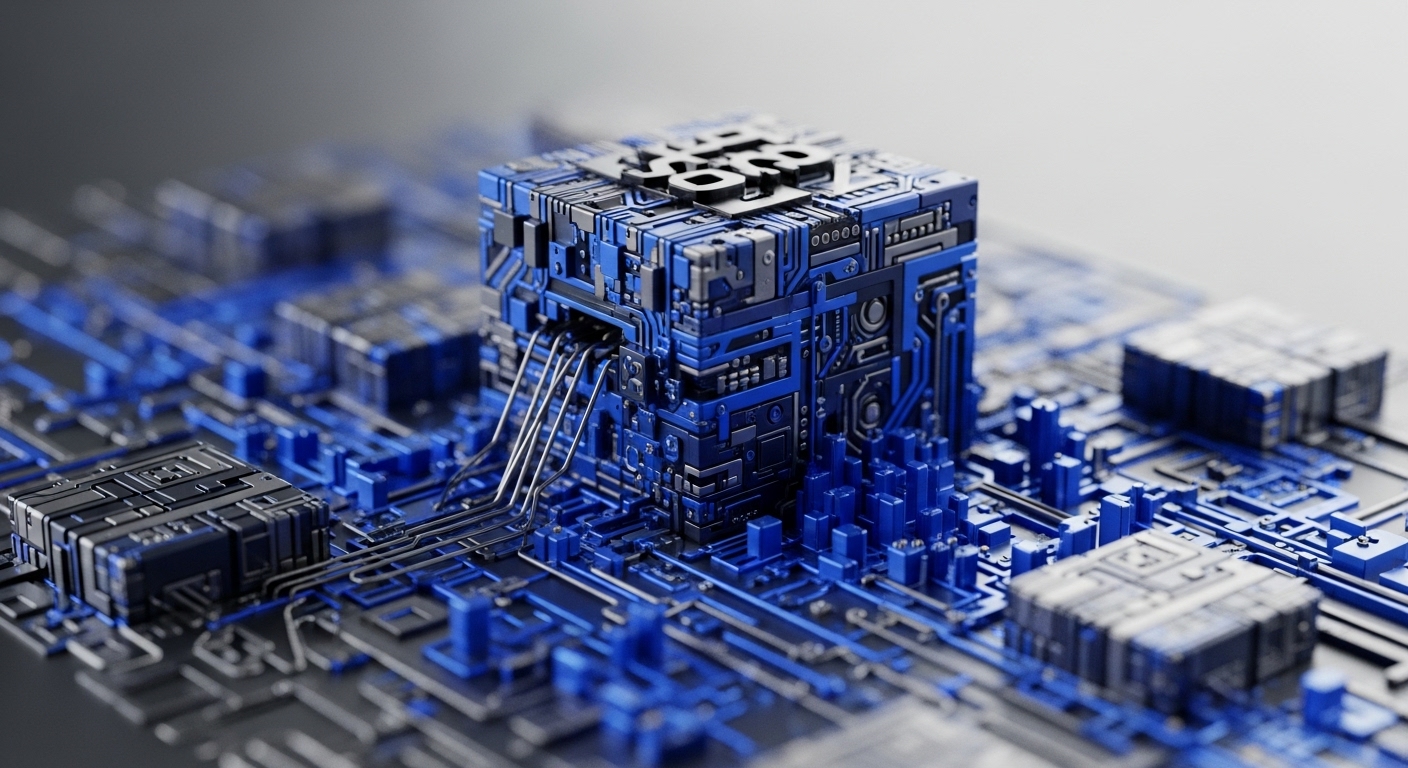 The image displays a detailed, futuristic circuit board with a large, blue, cube-shaped central processor connected by numerous wires to a complex network of smaller blue and grey components. The intricate design suggests advanced technological infrastructure, rendered with a shallow depth of field highlighting the central unit