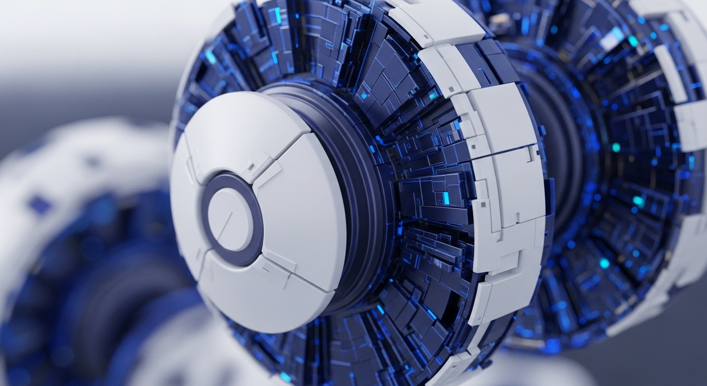 A close-up view reveals an intricate white and dark blue mechanical structure, with a central white component surrounded by detailed blue segments emitting electric blue light. The structure appears to be part of a larger, interconnected system, with additional blurred units extending into the background