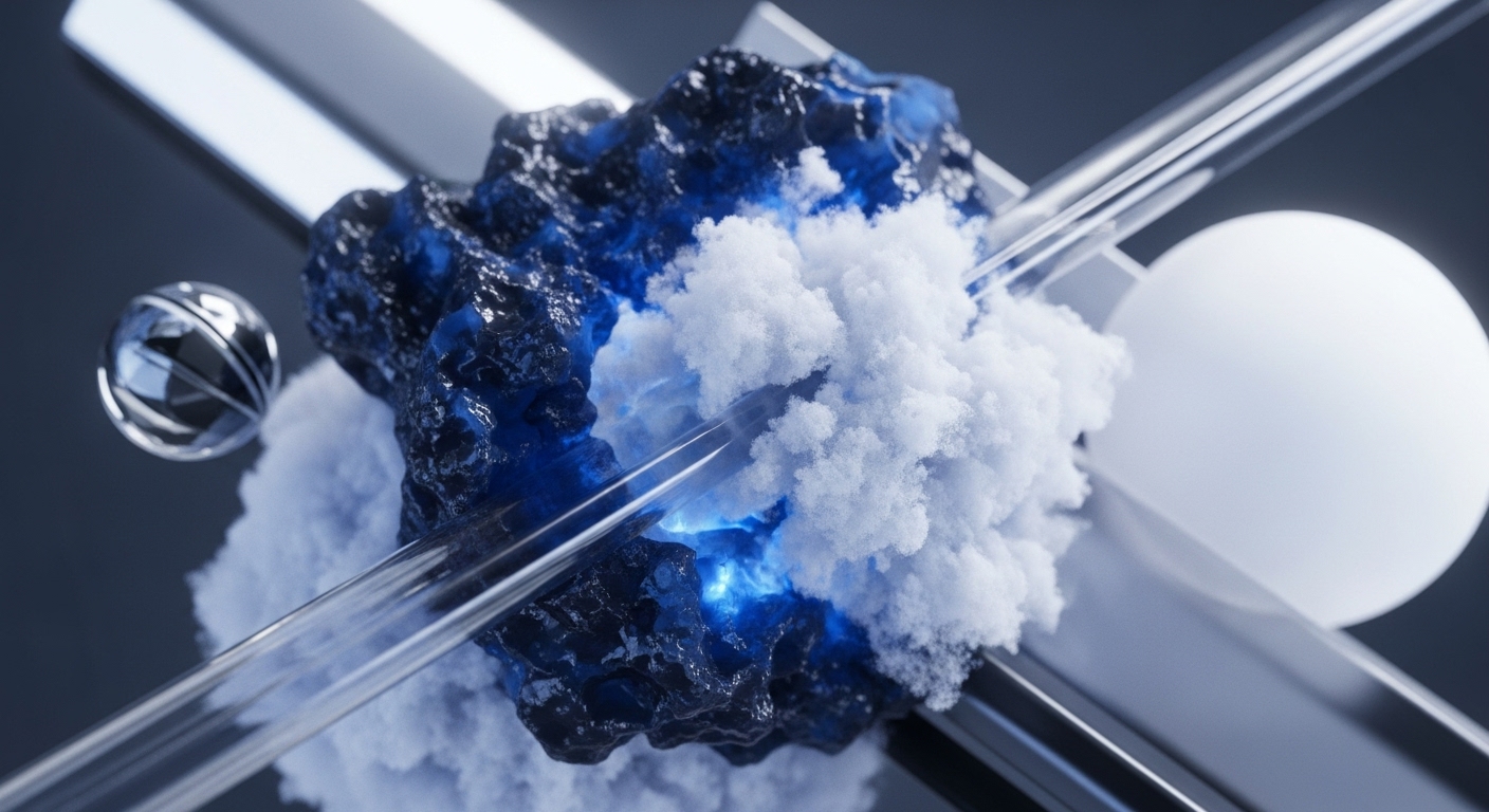 A dark, textured, irregular mass with internal blue luminescence represents a core decentralized ledger processing smart contract execution. White, fluffy material envelops it, symbolizing data throughput and network consensus mechanisms. Transparent rods, acting as cross-chain interoperability conduits, pierce through, facilitating transaction validation. Reflective metallic bars form a Web3 infrastructure framework. A striped metallic sphere signifies a digital asset or tokenomics element, while a matte white sphere suggests a cryptographic primitive within the distributed network. This abstract composition illustrates complex blockchain architecture.