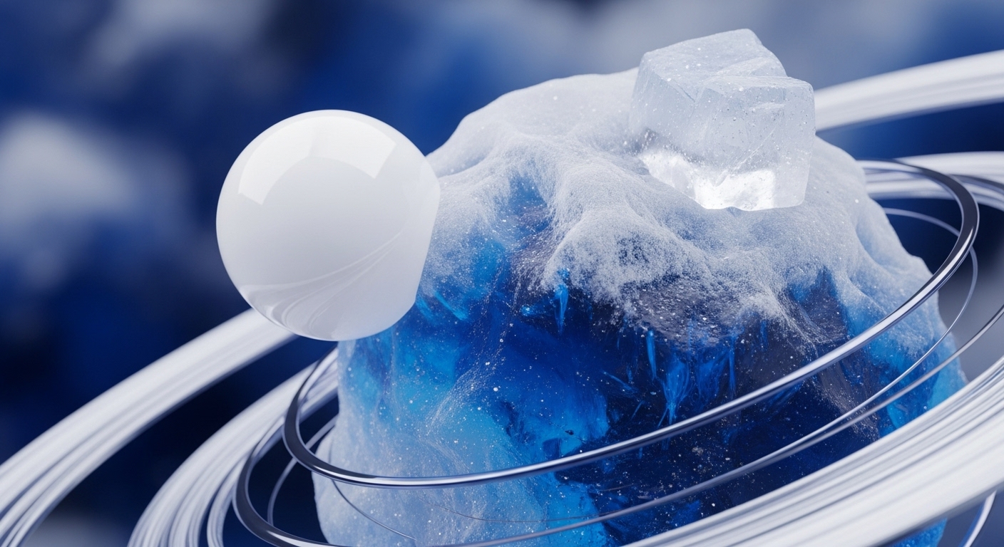 The image displays a central, textured blue and white spherical object, encircled by multiple metallic rings. A smooth white sphere floats to its left, while two clear ice-like cubes rest on its upper surface