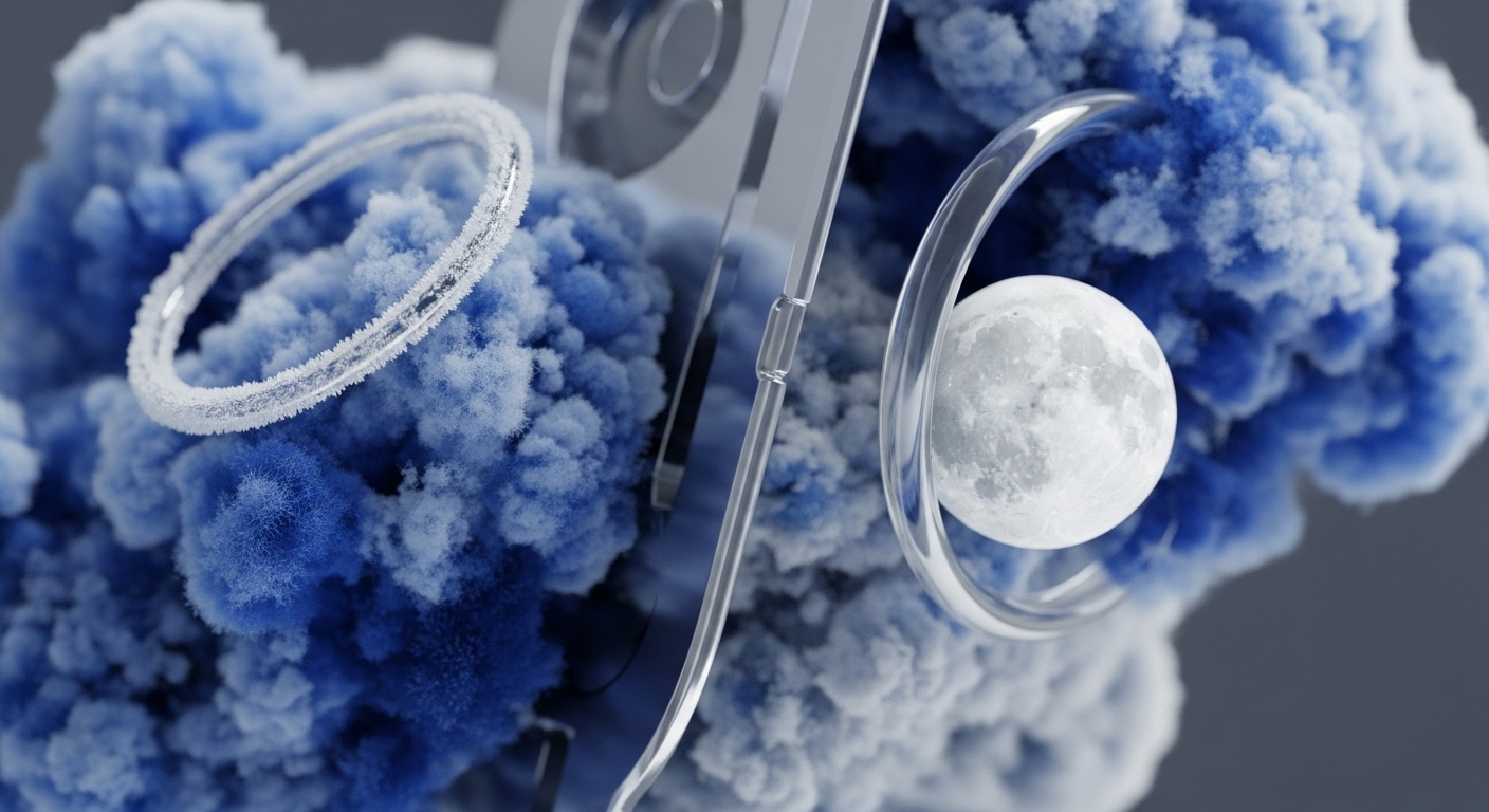 The image displays an abstract composition featuring textured blue and white cloud-like forms, transparent geometric objects, and a detailed moon-like sphere. These elements float within a digital-looking environment, creating a sense of depth and complexity