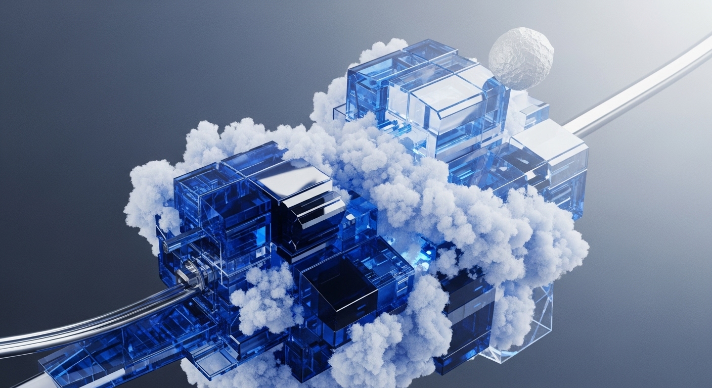 The image displays a futuristic, abstract composition of translucent blue cubes, reflective metallic surfaces, and soft white cloud-like elements. A prominent metallic pipe extends horizontally through the structure, connecting various parts, with a textured white sphere positioned above