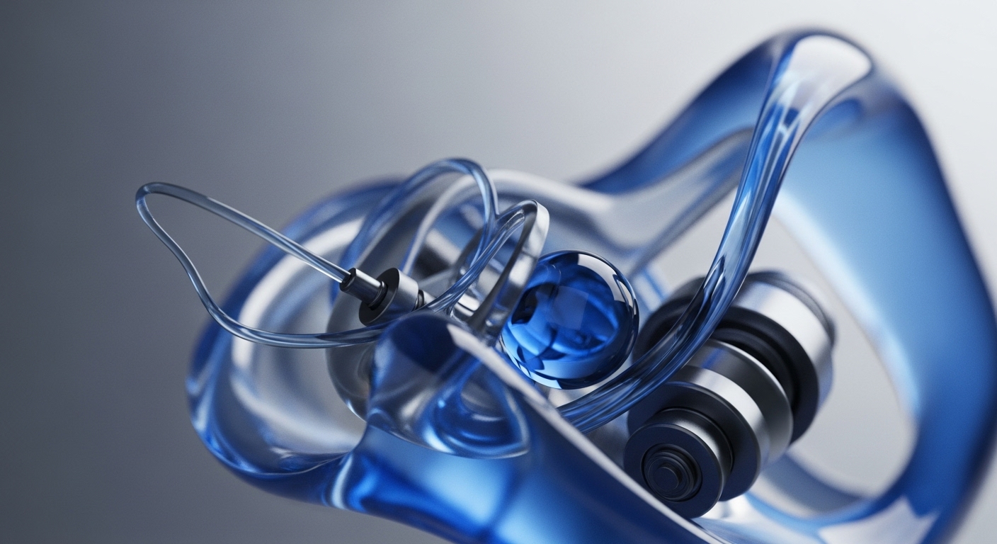 The image displays an abstract arrangement of translucent blue, fluid-like forms intricately interwoven with metallic cylindrical components and a central blue sphere, all set against a gradient grey background. The composition suggests a complex, interconnected system