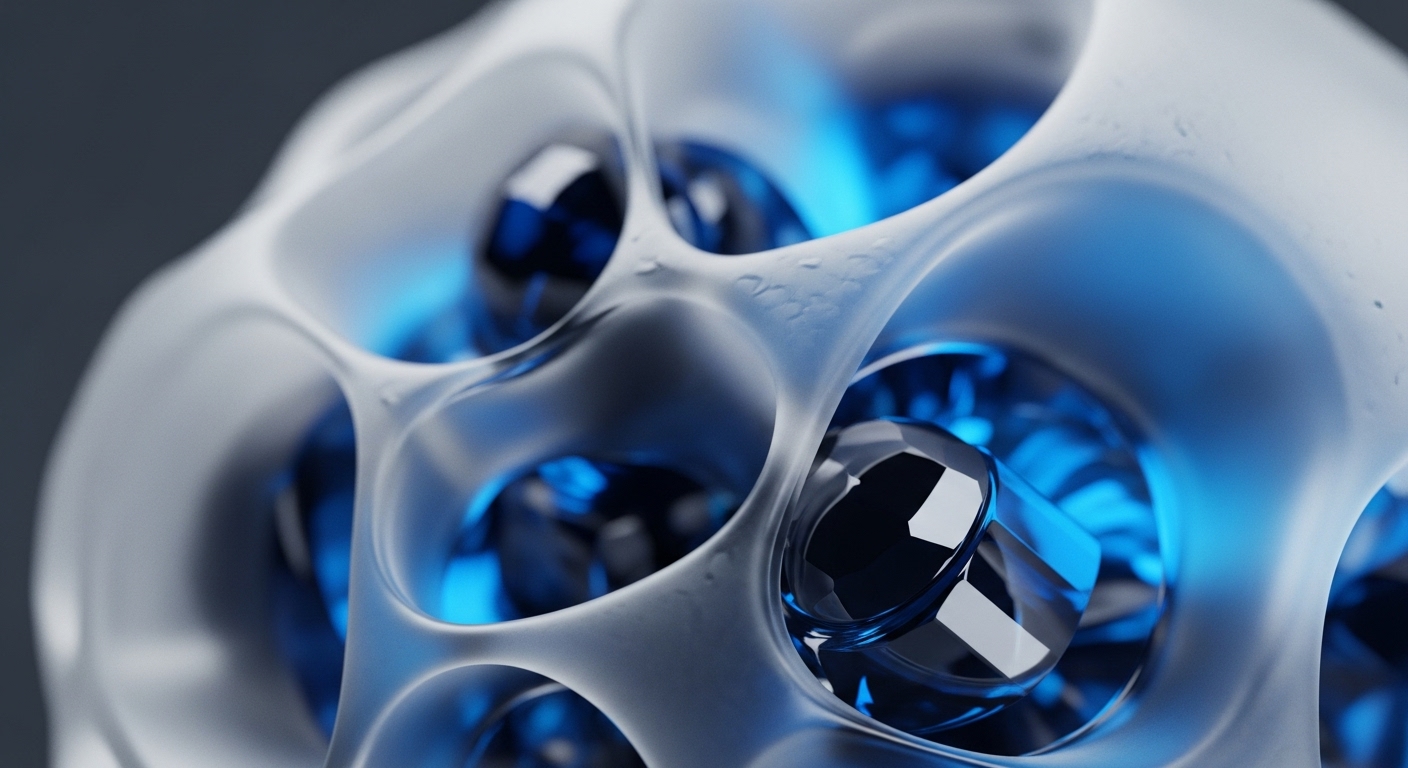 A translucent, organic-shaped lattice structure encapsulates multiple dark, faceted objects, each emitting a vibrant blue glow. This abstract representation evokes a sophisticated decentralized ledger system, where each glowing facet signifies a secure cryptographic primitive or a validated transaction block. The interconnected framework illustrates a robust blockchain architecture, facilitating peer-to-peer data exchange and immutable record keeping. The blue luminescence suggests active network security and the processing of digital assets within a distributed network, emphasizing data integrity and trustless system operations.