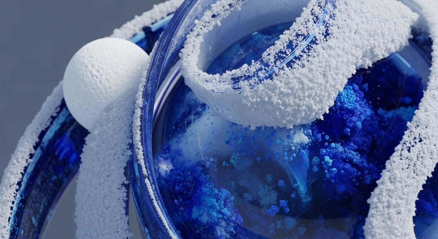 The image displays intricate transparent blue structures, partially adorned with granular white frost, encapsulating clusters of vibrant blue granular material. A smooth white sphere is positioned on one of the frosted blue elements