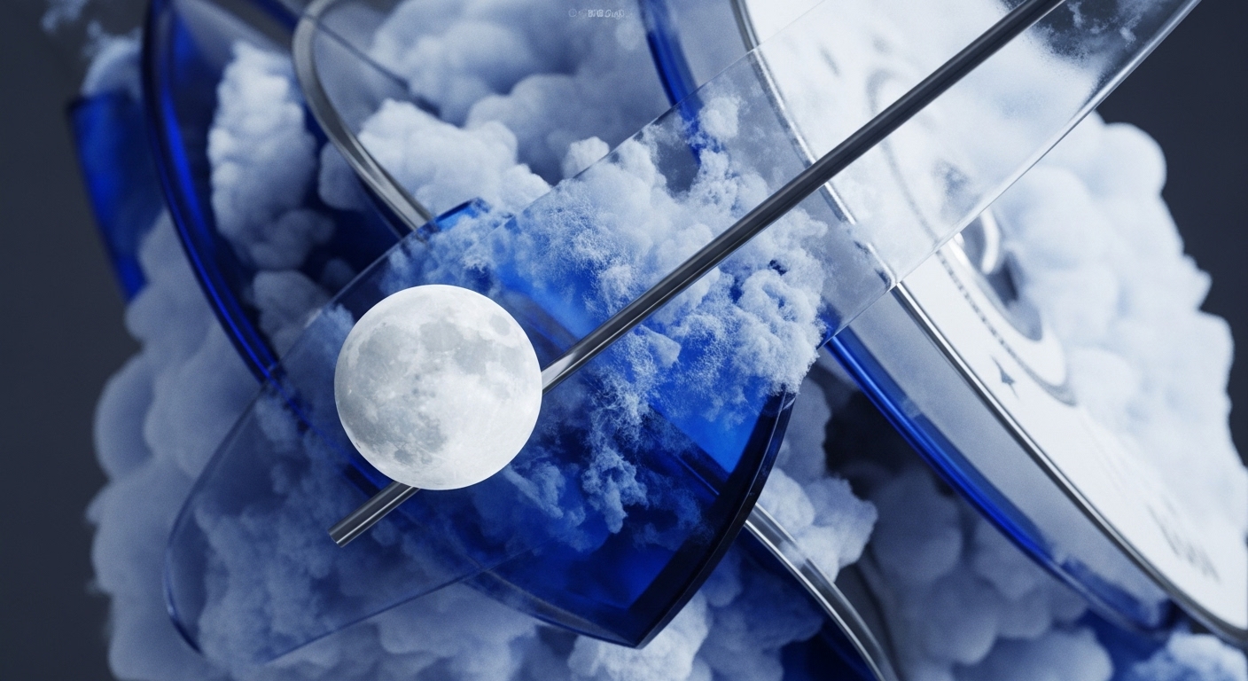 Intricate abstract composition features translucent blue and clear structural elements, intertwined with soft, volumetric white and blue cloud-like forms. A prominent, textured sphere, resembling a full moon, is centrally positioned, suspended by a metallic rod. This visual metaphor illustrates decentralized ledger technology, emphasizing protocol interoperability and blockchain scalability. The layered architecture suggests smart contract execution within a Web3 ecosystem, where digital assets are tokenized. Fluid forms represent liquidity pools, rigid structures denote consensus mechanisms and DAO governance, highlighting DeFi protocol dynamics.