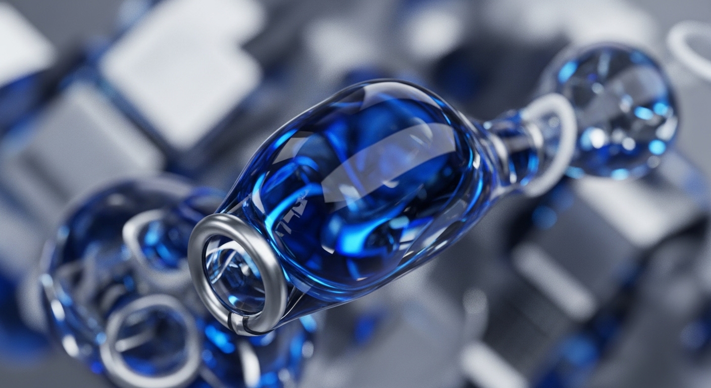 The image displays a series of transparent, glass-like modules filled with dynamic blue liquid, interconnected by polished silver rings. A central module is in sharp focus, showcasing its intricate internal structure, while other modules extend into a blurred background, forming a complex network