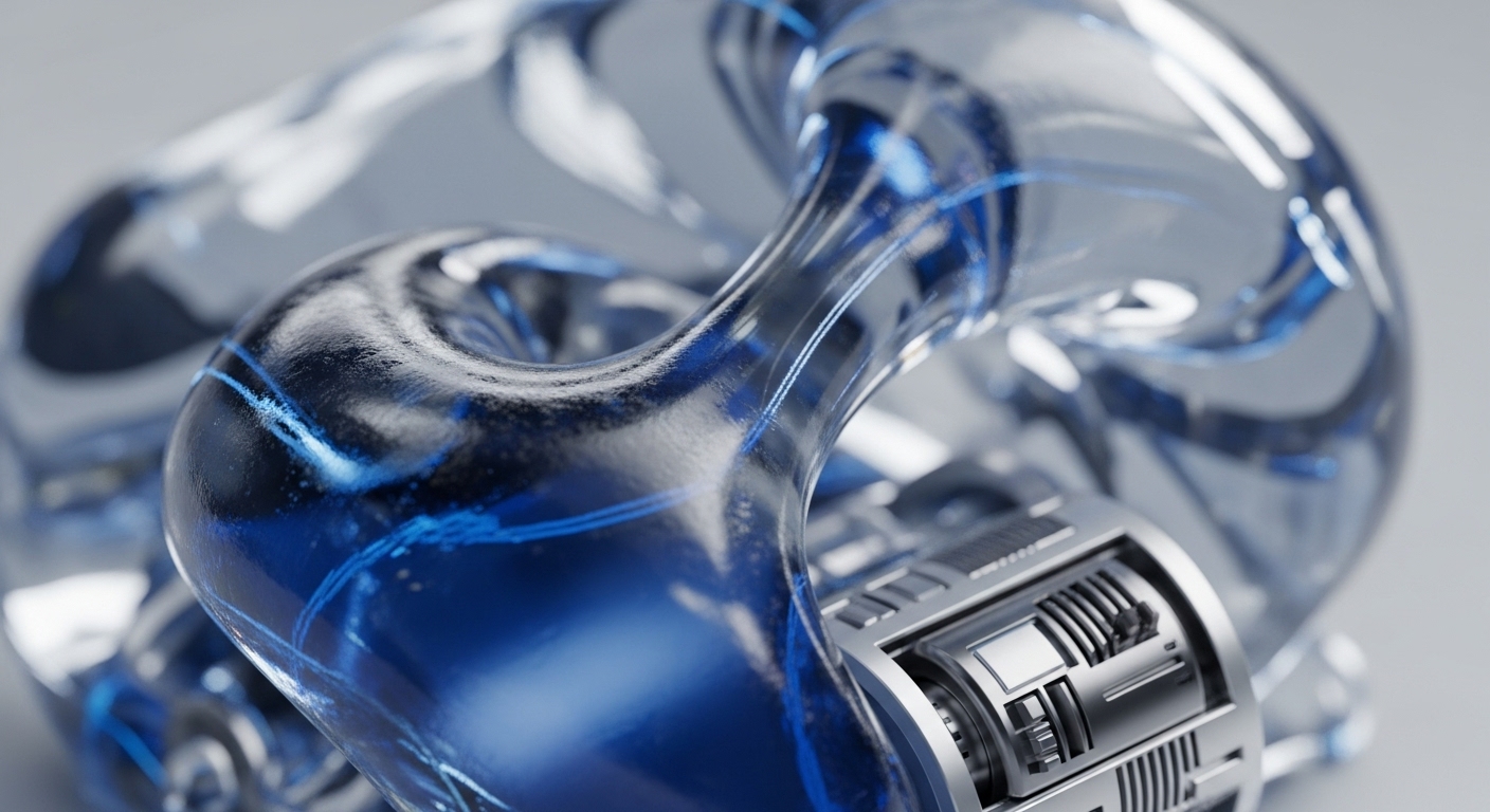 A transparent, complex, knot-like structure with vibrant blue internal energy streams is prominently displayed, featuring an integrated metallic mechanical component. The fluid, glass-like material reflects light, emphasizing the intricate design and the dynamic blue elements flowing within