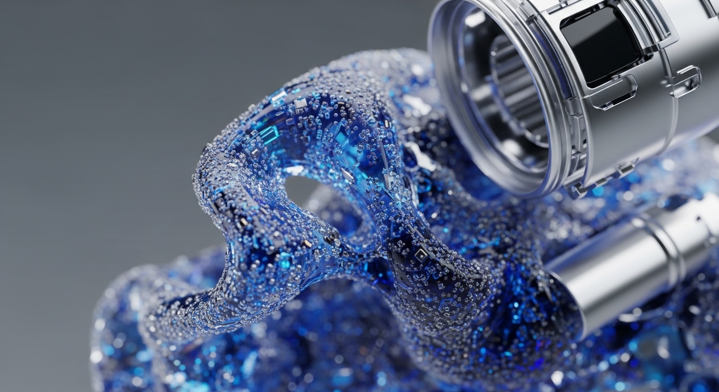 The image displays an intricate, translucent blue structure, resembling a complex digital organism, embedded with numerous small, glowing circuit-like elements. Metallic cylindrical components are partially visible on the right, interacting with this blue form