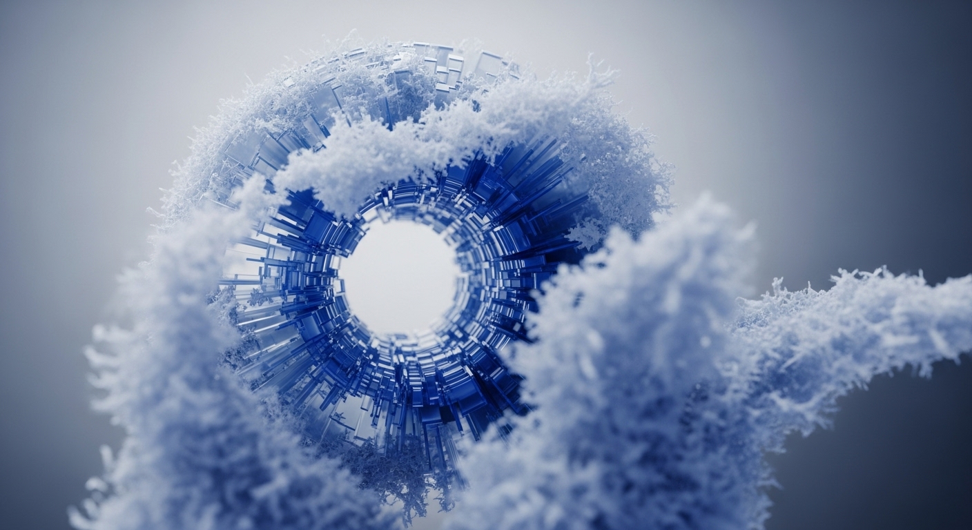 A tubular structure, formed by translucent blue rectangular segments, extends into the distance, creating a central void. This core is partially enveloped and surrounded by a dynamic, frothy white substance, resembling intricate frost or cloud-like formations
